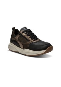 Black and bronze athletic shoes with a textured surface, lace closure, side zipper, padded collar, and a beige rubber outsole.