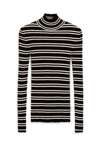 Gestreifter Turtleneck-Pullover in Schwarz-Weiß mit gerippter Textur, langen Ärmeln und taillierter Silhouette. Akzente bilden ein einfarbiger schwarzer Kragen.