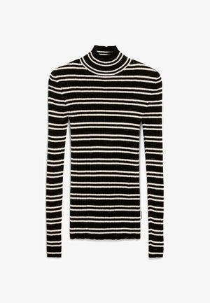 Zwart-wit gestreepte coltrui met geribbelde textuur, lange mouwen en een aansluitende pasvorm. Accenten omvatten een effen zwarte kraag.