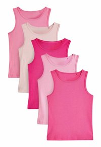 Fünf Tanktops in unterschiedlichen Rosa-Schattierungen, aus weichem Baumwollstoff, mit Rundhalsausschnitten und ohne sichtbare Muster.