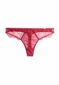 Lace g-string i dyb rød med et blomster mønster, der har en delikat bølget kant og et V-formet frontudskæring. Let og gennemsigtigt materiale.