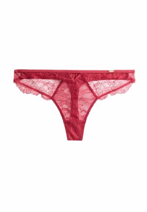 Diepe rode kant thong met een bloemmotief, voorzien van een delicate gekartelde rand en een V-vormige voorkap. Lichtgewicht en doorschijnend materiaal.