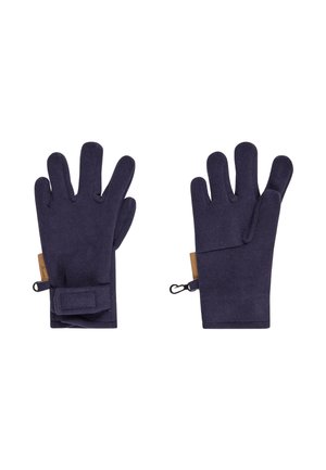 Pair of dark blue gloves with adjustable wrist strap and small clip on each glove, shown palm up and palm down on white background.