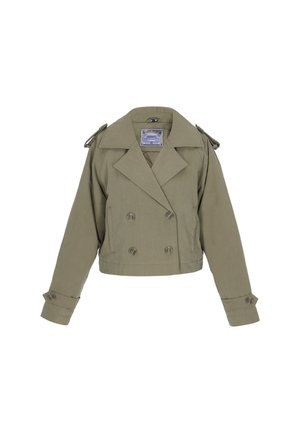 Chaqueta corta de color verde oliva con frente de doble botonadura, gran cuello y hombreras. Fabricada en tejido ligero con detalles de botones.