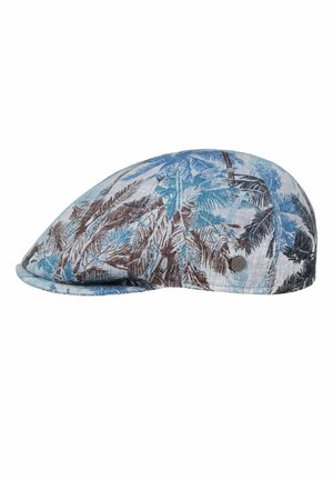 Flat cap with blue, brown, and black tropical leaf pattern on light fabric, showing a small round metallic brand tag on the side.