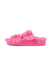 Fuchsia slide sandals with fluffy accents, two adjustable straps, and contrasting yellow stitching on a textured sole.