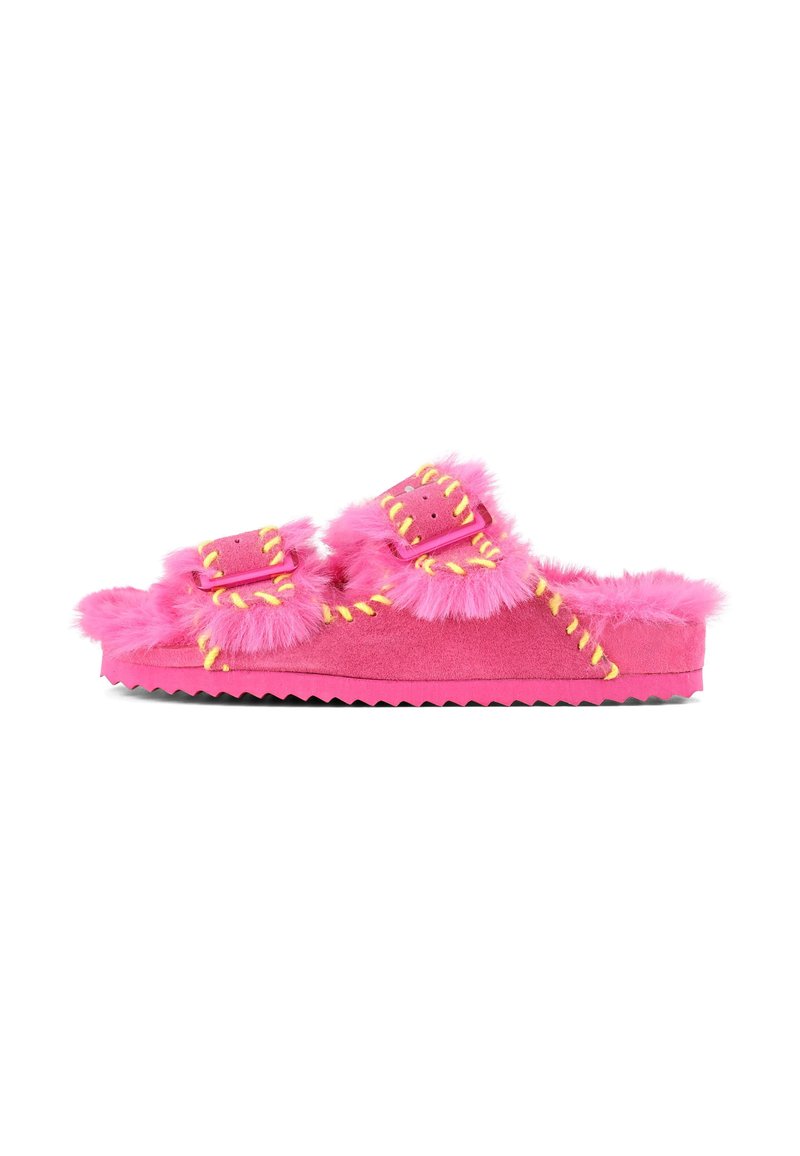 Fuchsia slide sandals with fluffy accents, two adjustable straps, and contrasting yellow stitching on a textured sole.