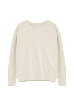 Beiger Pullover mit Rundhalsausschnitt und langen Ärmeln, mit gerippten Bündchen und Saum, mit einem kleinen, dezenten Polo-Spieler-Logo auf der linken Brust.