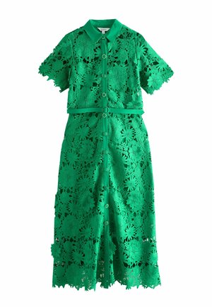 Green lace midi dress with floral cutout patterns, short sleeves, button-down front, collar, and matching belt at the waist.