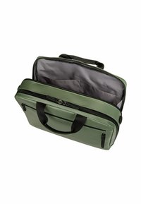 Grüne synthetische Laptop-Tasche mit doppeltem Reißverschluss, schwarzen Griffen und grauem Innenraum. Verfügt über eine Außentasche für zusätzlichen Stauraum.