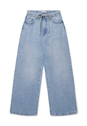 Jeans di jeans largi azzurro chiaro con coulisse in vita, tasche frontali, passanti per cintura e una texture sbiadita.