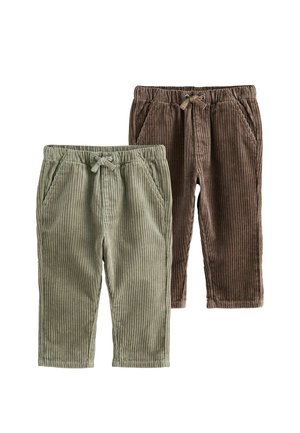 Zwei Paare von Cordkindermänteln, eines in olivgrün und eines in braun, beide mit elastischen Taillenbündchen und Kordelzug.