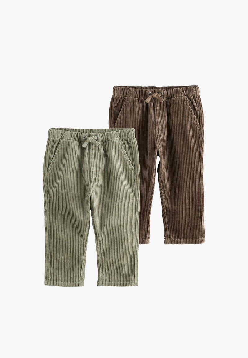 Kaks paari nöörpüksid, üks oliivroheline ja teine pruun, mõlemad elastsete vöökohtade ja nööriga.