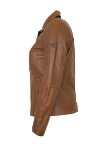 Braune Lederjacke mit schmalem Schnitt, ausgestattet mit einem Reißverschluss, Stehkragen und seitlichen Taschen. Detaillierte Nähte an den Ärmeln.