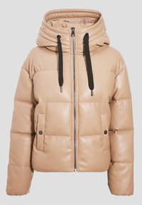 Veste matelassée en similicuir beige avec col montant, cordons de serrage noirs, fermeture éclair avant et poches latérales avec boutons pression.