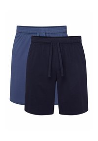 Dwie pary szortów: jedne jasnoniebieskie, a drugie granatowe. Obie mają elastyczny pas, sznurek i są wykonane z miękkiego materiału.