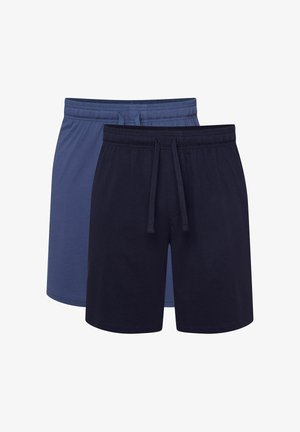 Dwie pary szortów: jedne jasnoniebieskie, a drugie granatowe. Obie mają elastyczny pas, sznurek i są wykonane z miękkiego materiału.