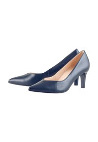 Navy leather pumps with a pointed toe and low block heel, featuring a smooth texture and a sleek, minimalist design.