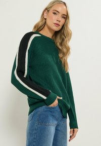 Maglione verde lavorato a maglia con maniche a strisce bianche e nere in contrasto, caratterizzato da una vestibilità rilassata e tasche laterali. Dettaglio del tessuto testurizzato visibile.