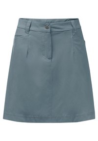 Světle modrá sukně vyrobená z hladkého materiálu, s knoflíkovým zapínáním, poutky na pásek a předními kapsami. Rovný střih s délkou nad kolena.