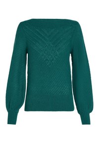 Knitted teal sweater with a wide neckline, puff sleeves, textured patterns, and ribbed cuffs and hem. Decorative diamond design on back.