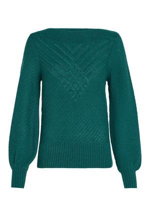 Strickpullover in Teal mit weitem Ausschnitt, Puffärmeln, strukturierten Mustern sowie gerippten Bündchen und Saum. Dekoratives diamantförmiges Design auf dem Rücken.