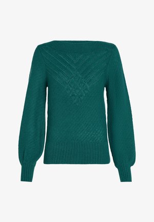 Strickpullover in Teal mit weitem Ausschnitt, Puffärmeln, strukturierten Mustern sowie gerippten Bündchen und Saum. Dekoratives diamantförmiges Design auf dem Rücken.