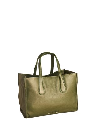 Olivgrüne Ledertasche mit zwei Griffen und rechteckiger Form, vor weißem Hintergrund gezeigt.