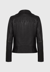 Svart läderjacka med spetsig krage, långa ärmar och sydda sömmar. Har en figurnära design och en slät yta på baksidan.