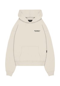 Hoodie in cremfarbener Farbe aus weichem Material, mit einer Vordertasche, gerippten Bündchen und einem minimalistischen schwarzen Logo auf der Brust.