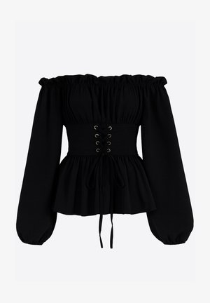 Schwarzes Off-Shoulder-Oberteil mit gerafftem Ausschnitt, langen Puffärmeln und einer taillierten Passform mit Schnürung vorne und metallischen Ösen.