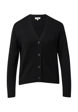 Czarny kardigan z dzianiny z dekoltem w serek, wyposażony w sześć guzików z przodu oraz prążkowane mankiety i brzeg. Bez wzorów i zdobień.