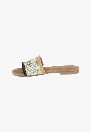 Woven slide sandal featuring a gold and black design with textured fabric, a tan footbed, and a simple flat sole.