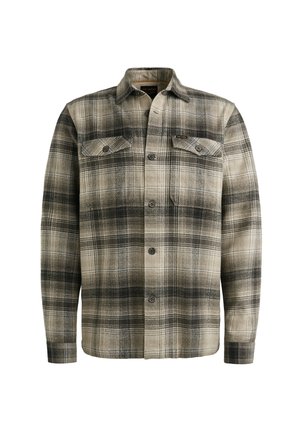 Chemise en flanelle à carreaux dans les teintes beige, noir et gris. Comprend deux poches poitrine, une fermeture à boutons à l'avant et des manches longues. Texture douce.