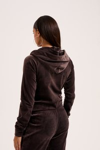 Brun velour træningsdragt med hætte, der har et skinnende logo-design på bagsiden og bukserne. Glat tekstur, tætsiddende facon og lange ærmer.