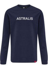 Marineblaues Langarm-T-Shirt aus Baumwolle mit dem Wort "ASTRALIS" in weißer, fetter Schrift über der Brust und einem kleinen roten Etikett am Saum.