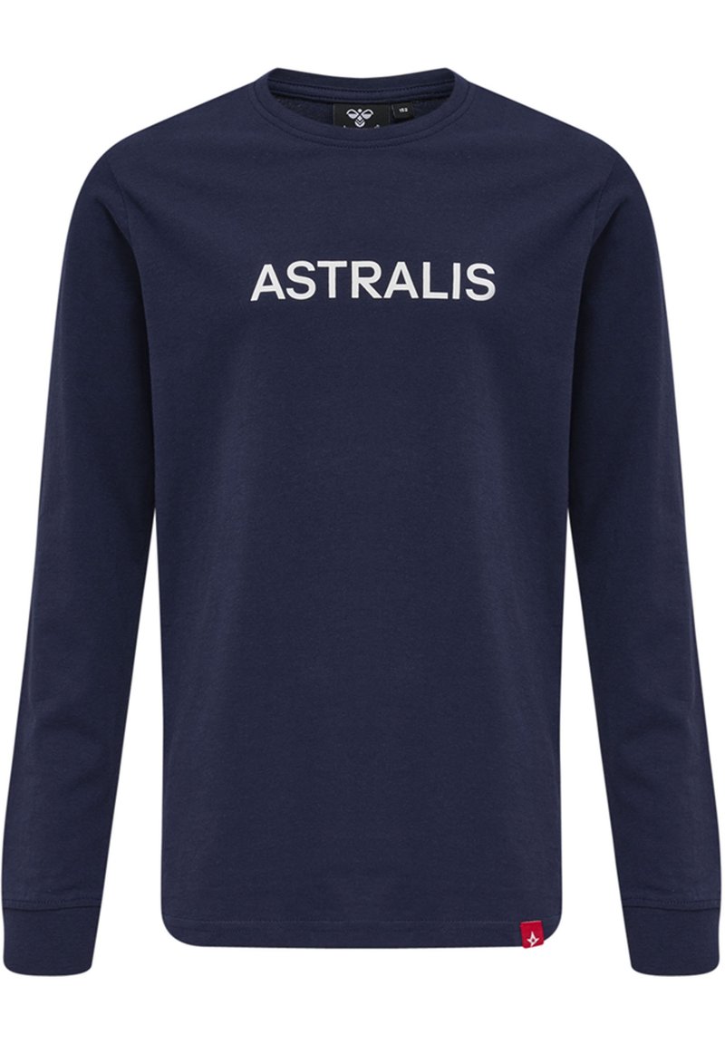 Marineblaues Langarm-T-Shirt aus Baumwolle mit dem Wort "ASTRALIS" in weißer, fetter Schrift über der Brust und einem kleinen roten Etikett am Saum.
