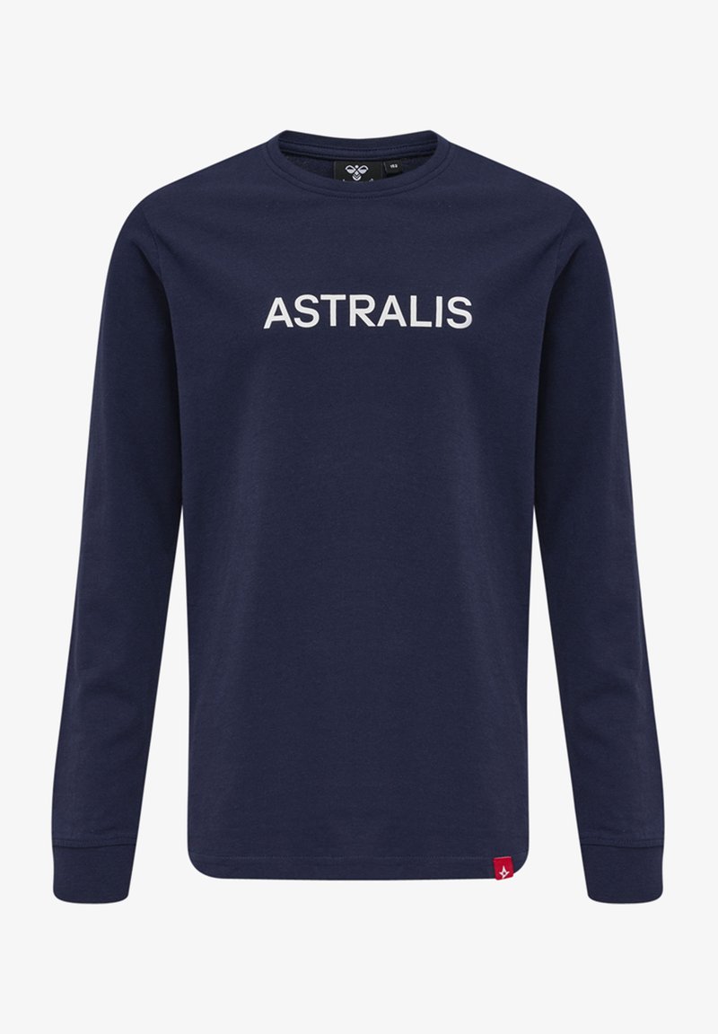 Marinblå långärmad t-shirt i bomull, med ordet "ASTRALIS" i vit fetstil över bröstet och en liten röd etikett vid fållen.