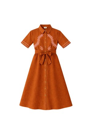 Robe orange rouille mi-longue avec manches courtes, boutons sur le devant, ceinture à la taille, et broderie blanche en forme de feuilles sur la poitrine et les poignets.