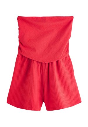 Roter trägerloser Overall mit strukturiertem Stoff und dezenten kreisförmigen Stickereien auf dem Oberteil sowie vertikalen Streifen an der Shorts.