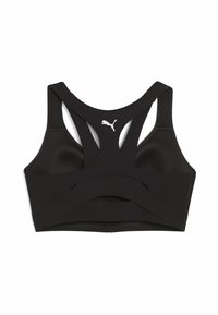 Juodas sportinis liemenukas, pagamintas iš lygaus audinio, su plačiu elastingu juosmeniu, lenkta nugara ir balta Puma logo priekyje.