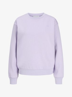 Bluza cu guler rotund lavandă, cu mâneci lungi, manșete și tiv striate, și un logo subtil "JJXX" pe pieptul stâng.