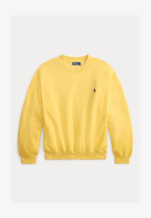 Sudadera amarilla de cuello redondo hecha de algodón suave. Cuenta con puños y dobladillo acanalados, con un pequeño logo azul marino en el lado izquierdo del pecho.