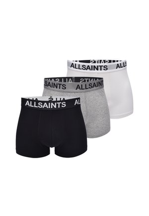 Ein Set mit Boxershorts in drei Farben: Schwarz, Grau und Weiß. Jede Shorts hat einen passenden Bund mit dem Schriftzug "ALLSAINTS" in fetter Schrift.