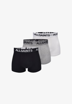 Ensemble de boxers présenté en trois couleurs : noir, gris et blanc. Chacun est agrémenté d'une ceinture correspondante avec le logo "ALLSAINTS" en lettres majuscules.