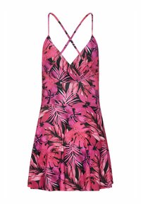 Kwiatowa sukienka typu skater w różowo-czarny wzór, z dekoltem w kształcie litery V, skrzyżowanymi cienkimi ramiączkami i rozkloszowanym dołem. Miękka tekstura materiału.