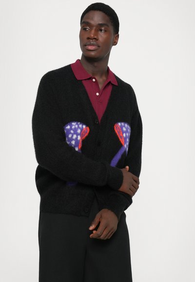 Bărbat îmbrăcat cu un cardigan negru pufos, cu modele abstracte în violet și roșu, peste o cămașă polo burgundy, stând cu brațele încrucișate.