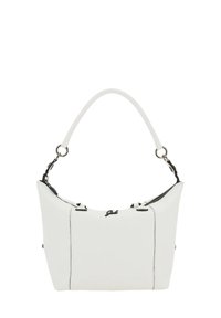 Sac à main en cuir blanc avec une anse supérieure courbée, des accents noirs contrastants et une fermeture éclair. Texture lisse avec des détails de couture visibles.