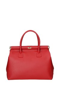 Borsa a tracolla in pelle rossa con forma strutturata, doppio manico superiore, dettagli dorati e finitura testurizzata. Presenta una chiusura a scatto sulla parte superiore.