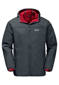 Grå softshell-jacka med röd fleecefoder, hel dragkedja och två sidofickor. Logotyp på bröstet och kontrastdetaljer.